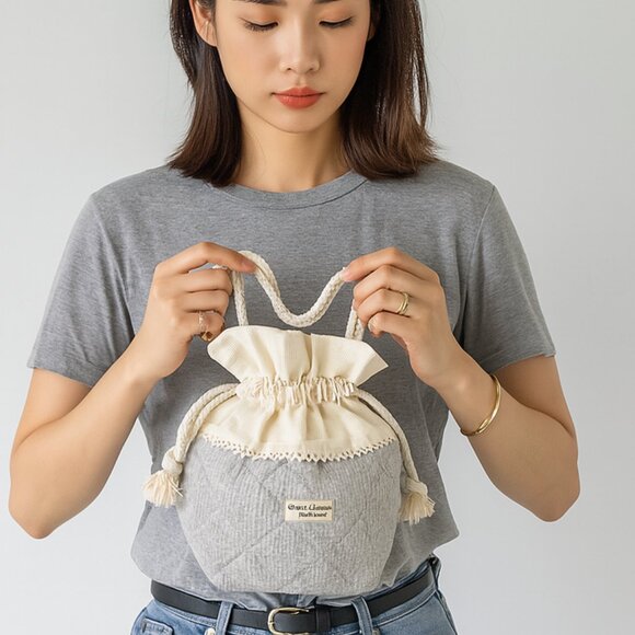 Sylvie Thiriez Creations Drawstring Tote Bag Rope Pull Two Tone Grey Beige OS - Picture 1 of 15